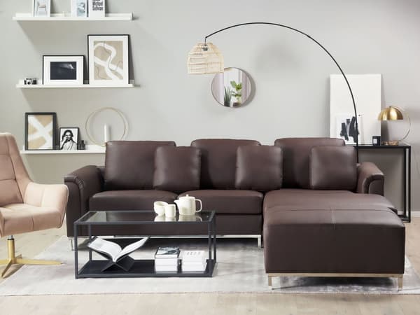 Hjørnesofa brun skinnpolstret med ottomansk L-formet venstreorientering