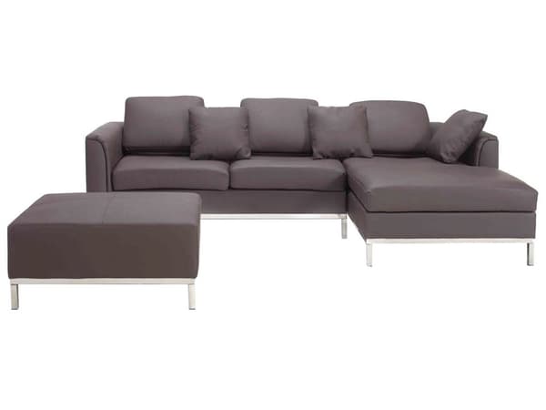 Hjørnesofa brun skinnpolstret med ottomansk L-formet venstreorientering