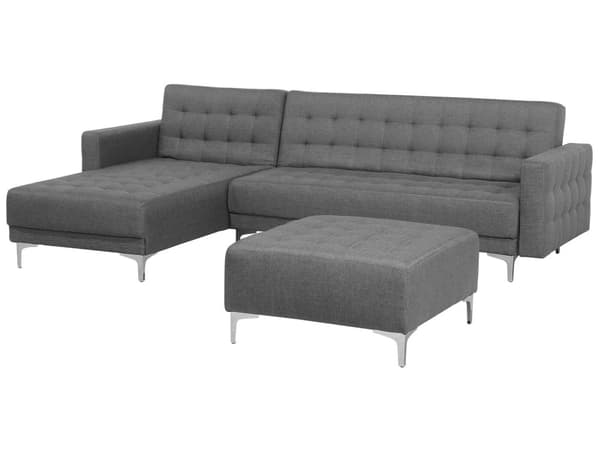 Hjørnesofa Grå Stoff 4-seter L-form Høyrevendt Justerbar rygg Sovefunksjon Fotskammel Metallben Modulær Moderne design