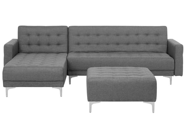 Hjørnesofa Grå Stoff 4-seter L-form Høyrevendt Justerbar rygg Sovefunksjon Fotskammel Metallben Modulær Moderne design
