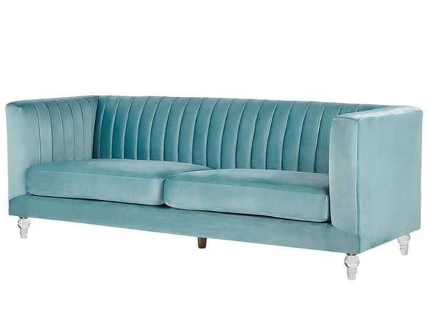 Sofa Lyseblå Fløyel 3-seter Dekorative ben i akryl Quilting Klassisk Mid-Century Stue