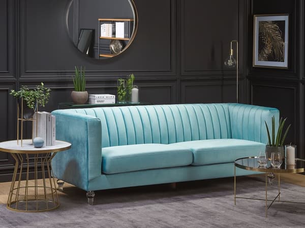 Sofa Lyseblå Fløyel 3-seter Dekorative ben i akryl Quilting Klassisk Mid-Century Stue