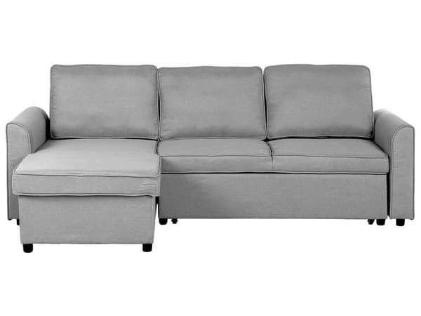 Hjørnesovesofa i grått stoff med høyreorientering og oppbevaringsseng