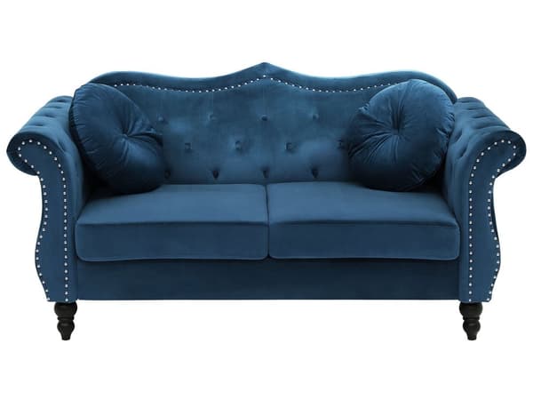 2-seters sofa Blå Fløyel Dekorative knapper og spikerhoder Pynteputer Klassisk Vintage Stue