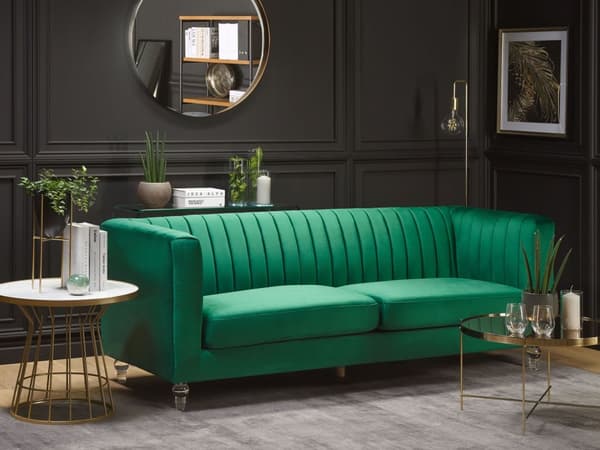 Sofa Grønn Fløyel 3-seter Dekorative ben i akryl Quilting Klassisk Mid-Century Stue
