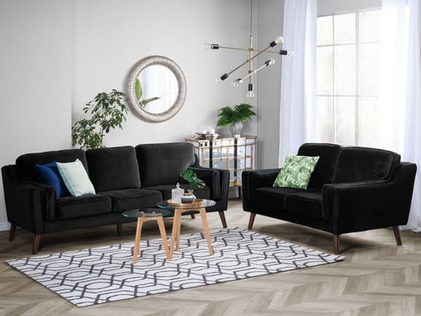 Sofa Svart 3-seter Fløyel Ben Eiketre Klassisk Stue fra midten av århundret