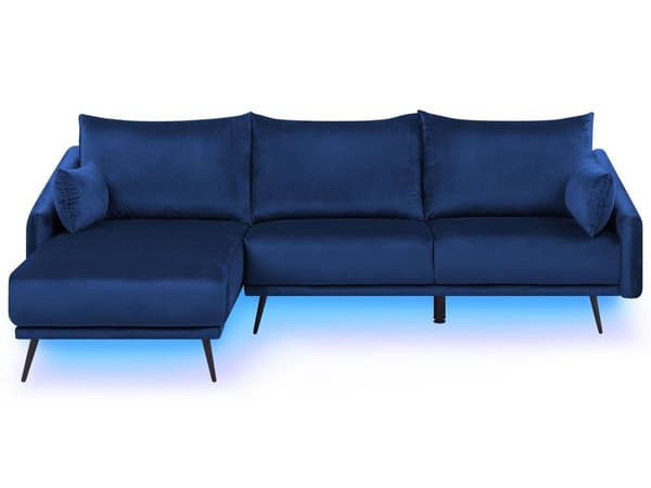 Hjørnesofa Marineblå Fløyel med LED-lys Høyrevendt L-formet 3-seter med Sjeselong Metallben Moderne Stue