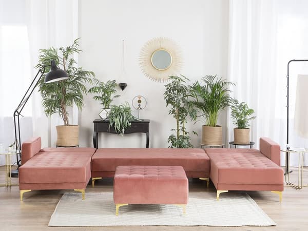 Hjørnesofa Rosa Velour 348 x 168 x 83 cm Tuftet stoff U-form Modulær 5-seter med fotskammel Sjeselong Moderne