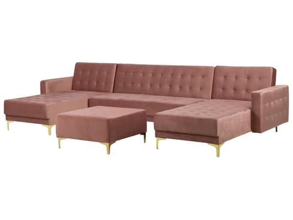 Hjørnesofa Rosa Velour 348 x 168 x 83 cm Tuftet stoff U-form Modulær 5-seter med fotskammel Sjeselong Moderne