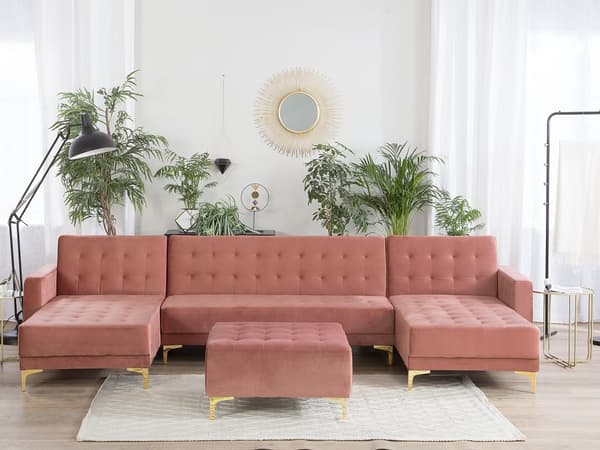 Hjørnesofa Rosa Velour 348 x 168 x 83 cm Tuftet stoff U-form Modulær 5-seter med fotskammel Sjeselong Moderne