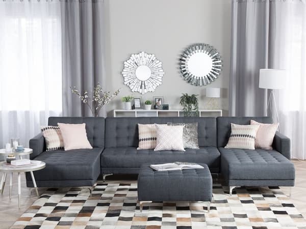 Hjørnesofa Mørkegrå Stoff U-formet Modulær 5-seter med fotskammel og sjeselonger Moderne design