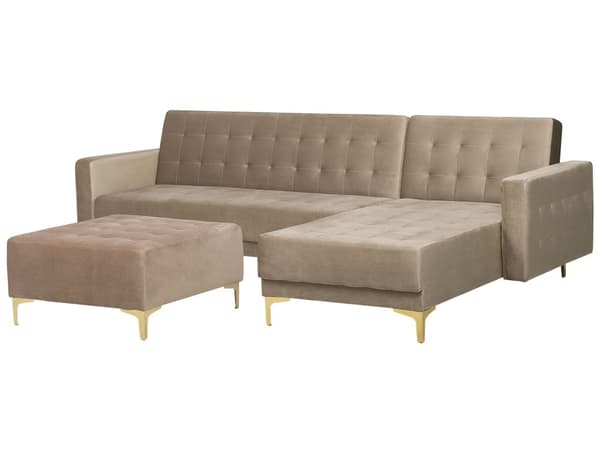 Hjørnesofa Beige Fløyel Moderne L-formet Modulær 4-seter med fotskammel og sjeselong Venstrevendt