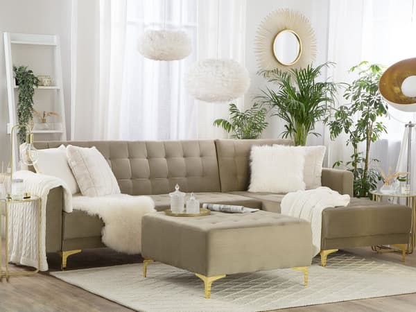 Hjørnesofa Beige Fløyel Moderne L-formet Modulær 4-seter med fotskammel og sjeselong Venstrevendt
