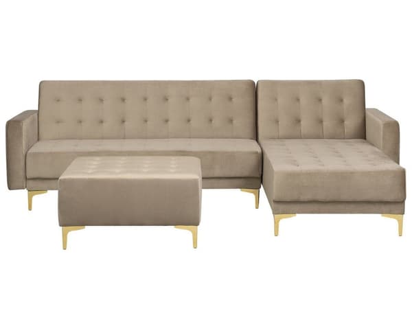 Hjørnesofa Beige Fløyel Moderne L-formet Modulær 4-seter med fotskammel og sjeselong Venstrevendt