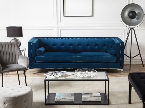 Sofa Blå Fløyel 3-seters Sofa til Stuen Chesterfield Retro Glamour Design Stil