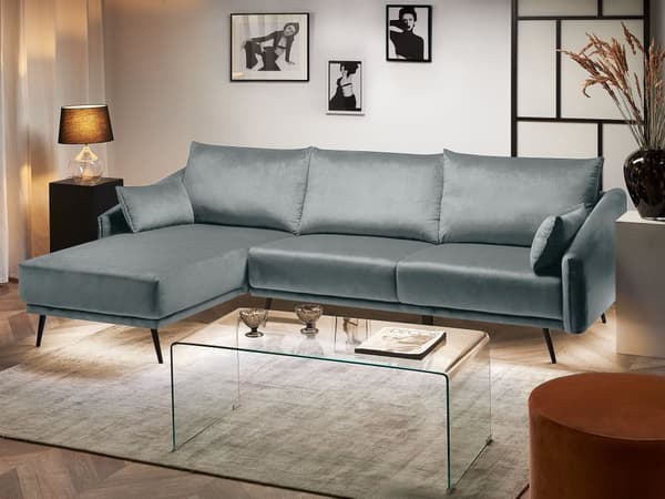Hjørnesofa Grå Fløyel med LED-lys Høyrevendt L-formet 3-seter med Sjeselong Metallben Moderne Stue