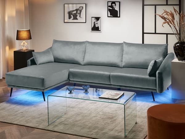 Hjørnesofa Grå Fløyel med LED-lys Høyrevendt L-formet 3-seter med Sjeselong Metallben Moderne Stue
