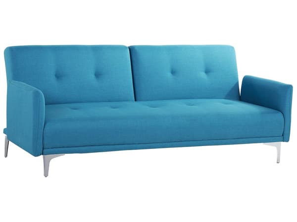 Sovesofa Blå Stoff 3-seter Metallben Dekorative knapper Avtakbare putetrekk Justerbar ryggstøtte Sofa med sovefunksjon Moderne design Stue