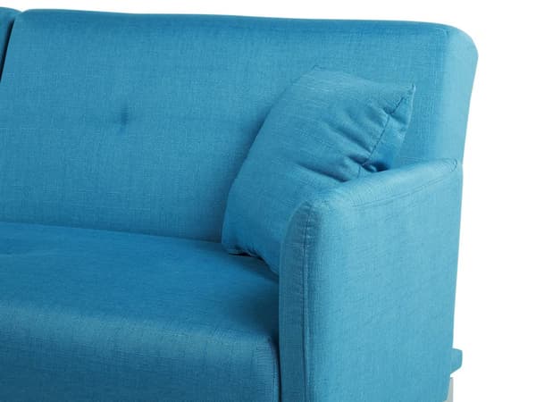 Sovesofa Blå Stoff 3-seter Metallben Dekorative knapper Avtakbare putetrekk Justerbar ryggstøtte Sofa med sovefunksjon Moderne design Stue