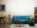 Miniatyrbilde 2 av 9: Sovesofa Blå Stoff 3-seter Metallben Dekorative knapper Avtakbare putetrekk Justerbar ryggstøtte Sofa med sovefunksjon Moderne design Stue