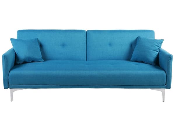 Sovesofa Blå Stoff 3-seter Metallben Dekorative knapper Avtakbare putetrekk Justerbar ryggstøtte Sofa med sovefunksjon Moderne design Stue