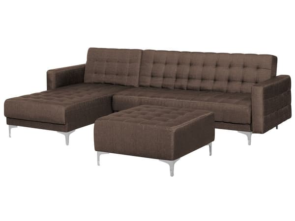 Hjørnesofa Brun Stoff 4-seter L-form Høyrevendt Justerbar rygg Sovefunksjon Fotskammel Metallben Modulær Moderne design