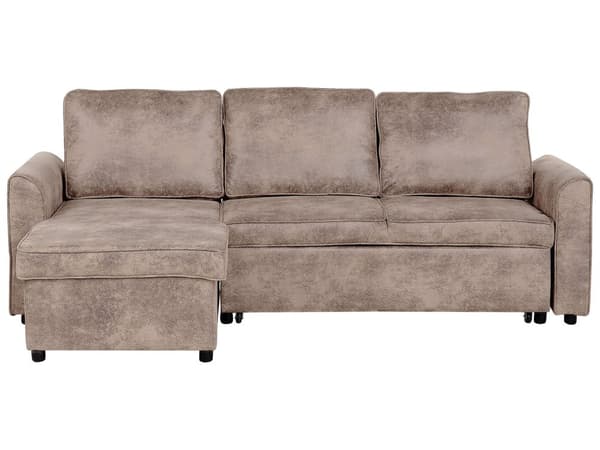 Hjørnesovesofa i brunt kunstskinn med polstring mot høyre og oppbevaringsseng