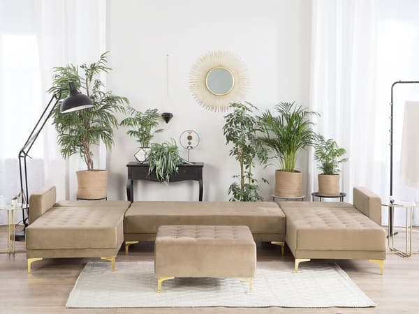 Hjørnesofa Beige Fløyel Moderne U-formet Modulær 5-seter med fotskammel og sjeselonger