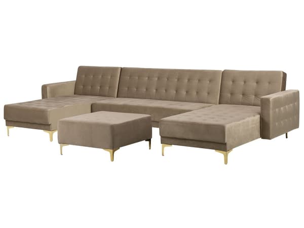Hjørnesofa Beige Fløyel Moderne U-formet Modulær 5-seter med fotskammel og sjeselonger