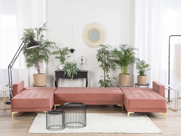 Hjørnesofa med sovefunksjon Rosa Velour 348 x 168 x 83 cm Tuftet stoff Modulær U-form 5-seter med sjeselonger Moderne