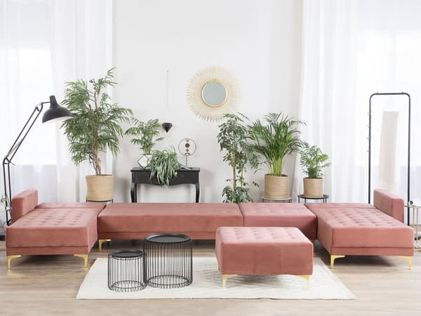 Hjørnesofa med sovefunksjon Rosa Velour 428 x 168 x 83 cm Tuftet stoff Modulær U-form 6-seter med fotskammel Sjeselong Moderne