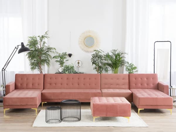 Hjørnesofa med sovefunksjon Rosa Velour 428 x 168 x 83 cm Tuftet stoff Modulær U-form 6-seter med fotskammel Sjeselong Moderne