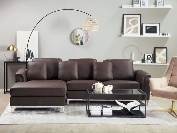 Hjørnesofa brun skinnpolstret L-sofa, høyrehendt orientering