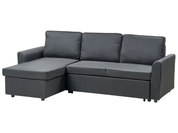 Hjørnesovesofa i svart stoff med polstring og oppbevaringsseng i høyrevendt retning