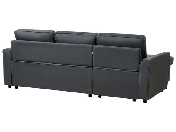 Hjørnesovesofa i svart stoff med polstring og oppbevaringsseng i høyrevendt retning