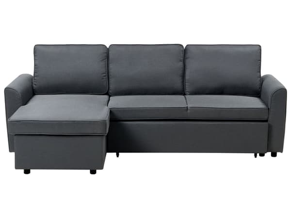 Hjørnesovesofa i svart stoff med polstring og oppbevaringsseng i høyrevendt retning