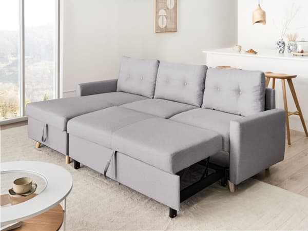 Hjørnesofa Lysegrå Stoff Sofa 4-seters Oppbevaring L-formet Høyrehåndsorientering