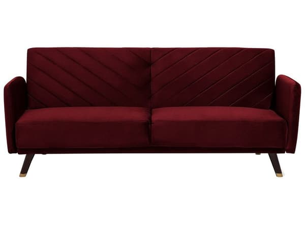Sovesofa Mørkerød Rød Fløyelsstoff Moderne Stue 3-seter Treben Skinnarm