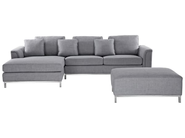 Hjørnesofa i grått stoff med ottomansk L-formet høyreorientering