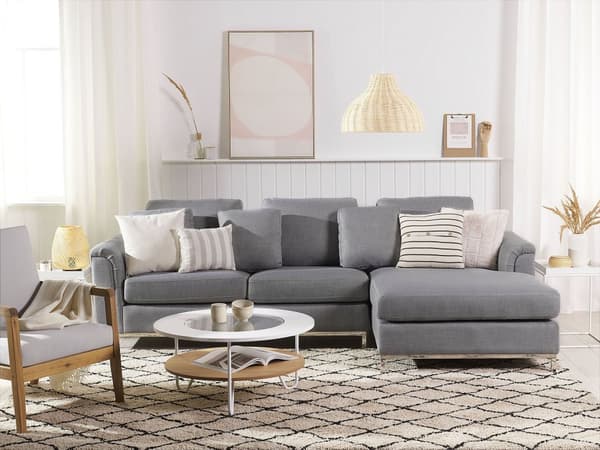 Hjørnesofa i lysegrått stoff med polstring L-formet, venstrevendt