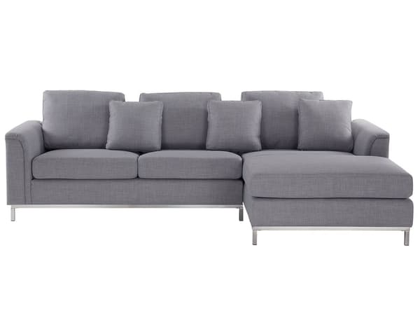 Hjørnesofa i lysegrått stoff med polstring L-formet, venstrevendt