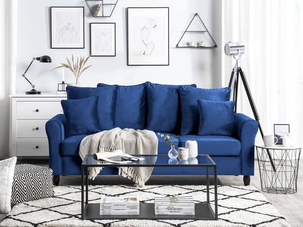 Sofa Blå Fløyel Tre 3-seters Pynteputer Moderne Tradisjonell Design