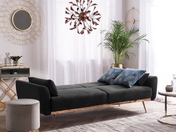 Sovesofa Svart Fløyel Metallben 3-seter med ekstra puter Moderne Retro Stue