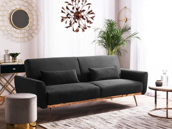 Sovesofa Svart Fløyel Metallben 3-seter med ekstra puter Moderne Retro Stue