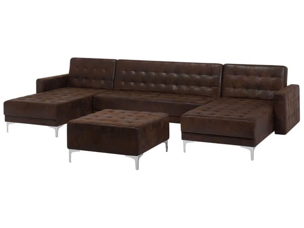 Hjørnesofa Brun Kunstskinn Tuftet Moderne U-formet Modulær 5-seter med fotskammel og sjeselonger