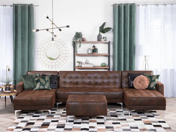 Hjørnesofa Brun Kunstskinn Tuftet Moderne U-formet Modulær 5-seter med fotskammel og sjeselonger