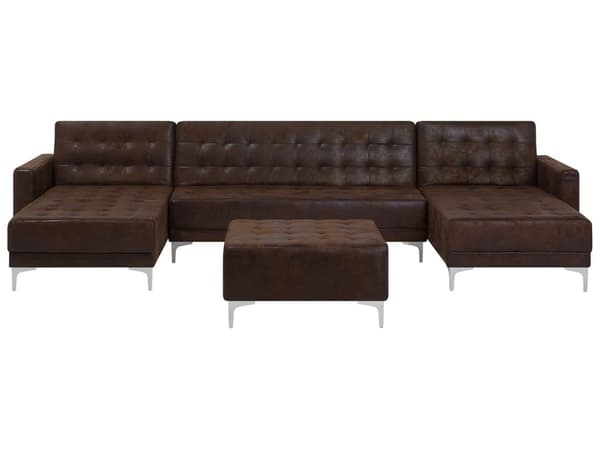 Hjørnesofa Brun Kunstskinn Tuftet Moderne U-formet Modulær 5-seter med fotskammel og sjeselonger