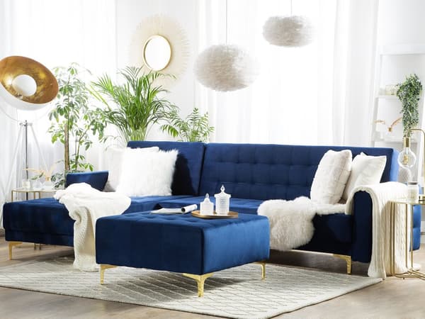 Hjørnesofa med sovefunksjon Marineblå Fløyel 267 x 168 x 83 cm L-form Modulær 4-seter med fotskammel Høyrevendt Sjeselong Moderne