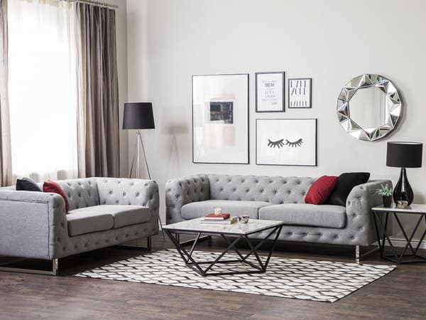 5-seters Chesterfield Sofasett Lys Grå Knapp Tuftet