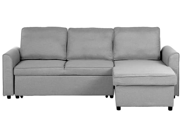 Hjørnesovesofa i grått stoff med venstrevendt polstring og oppbevaringsseng